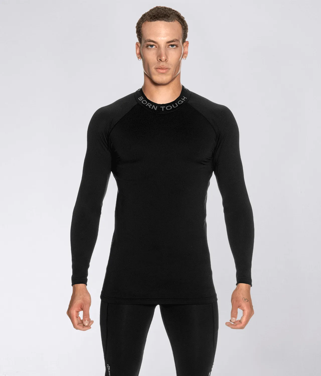 Born Tough Mock Neck Long Sleeve Compression Crossfit Shirt For Men Black