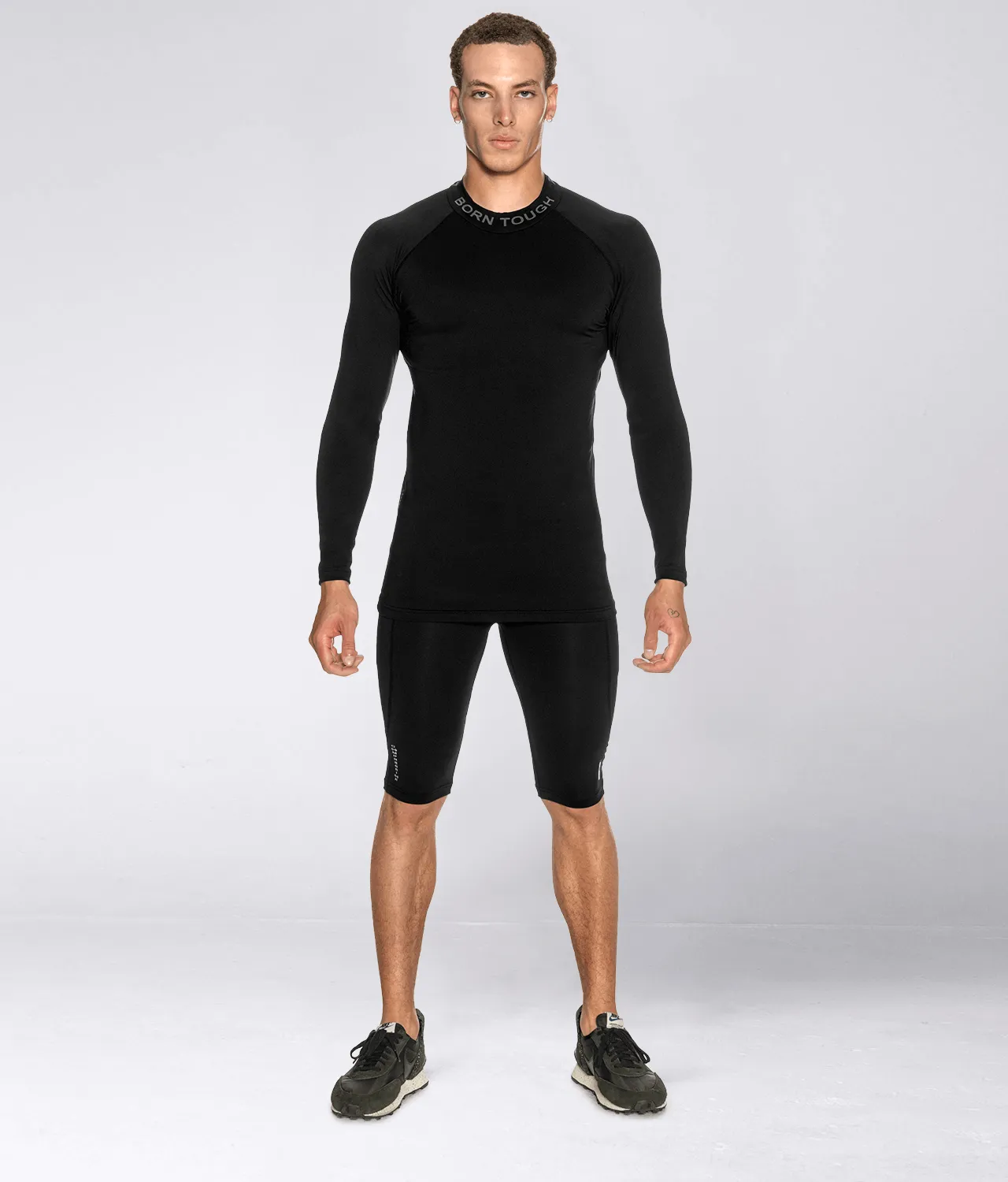 Born Tough Mock Neck Long Sleeve Compression Crossfit Shirt For Men Black