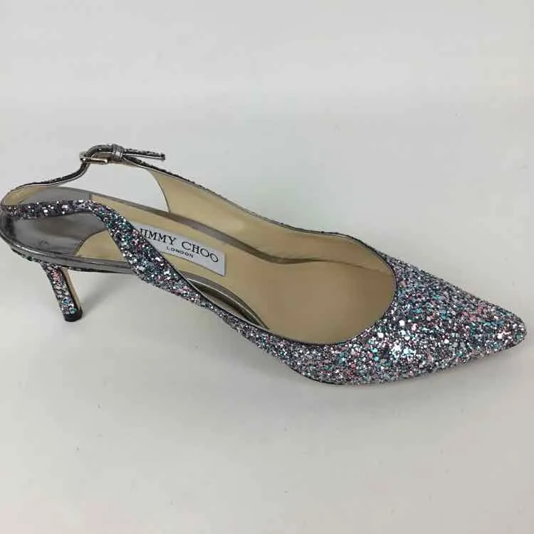 Jimmy Choo Women Size 9.5 Silver Metallic Open Back Glitter Heels