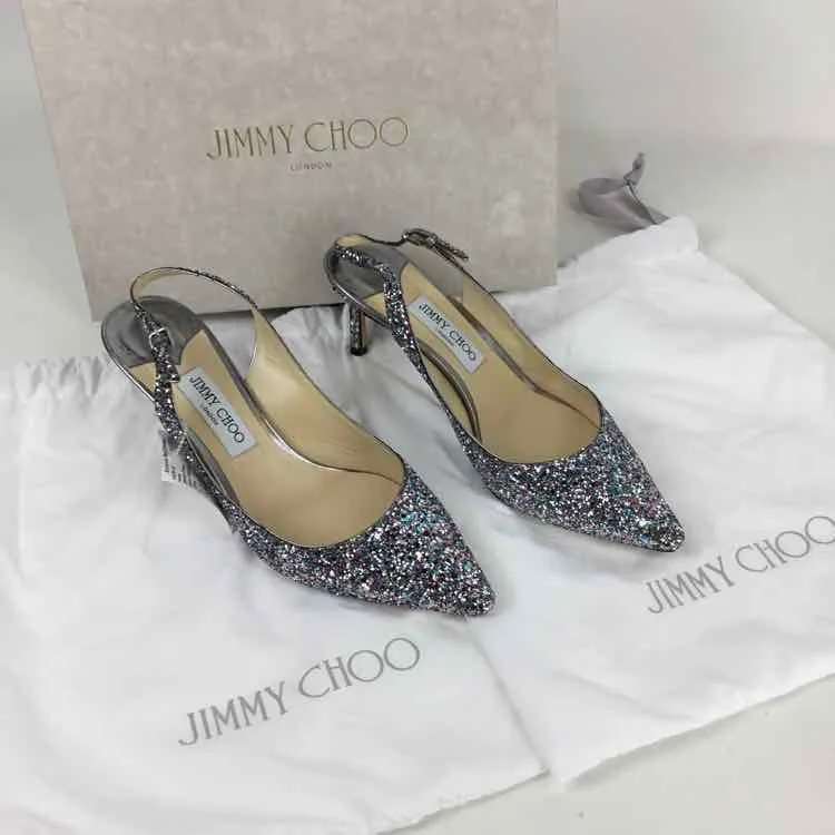 Jimmy Choo Women Size 9.5 Silver Metallic Open Back Glitter Heels