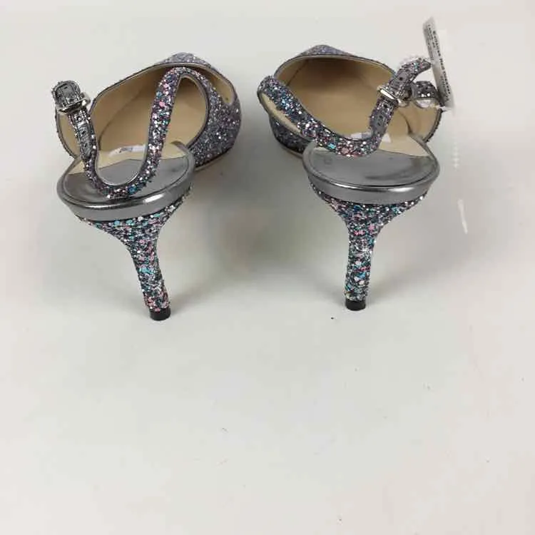 Jimmy Choo Women Size 9.5 Silver Metallic Open Back Glitter Heels