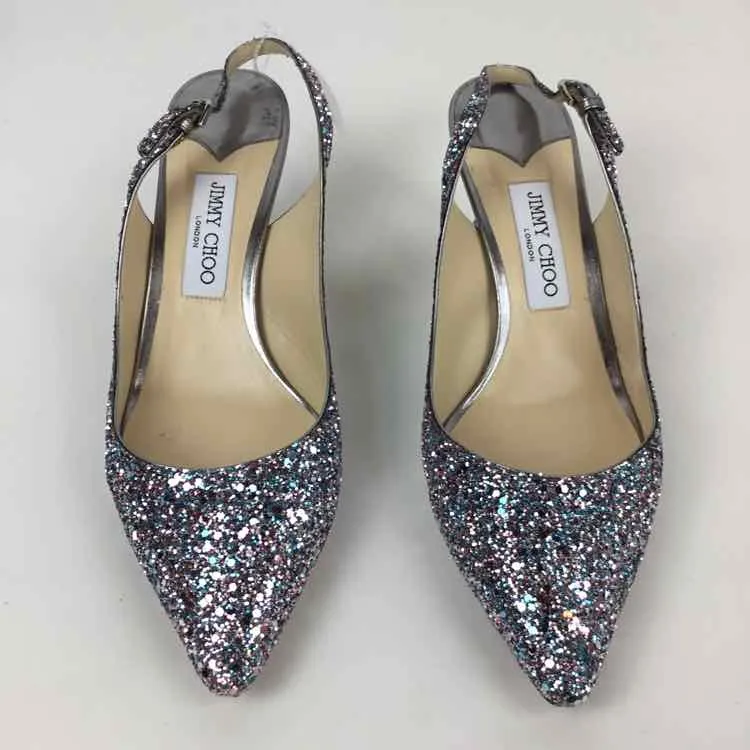 Jimmy Choo Women Size 9.5 Silver Metallic Open Back Glitter Heels