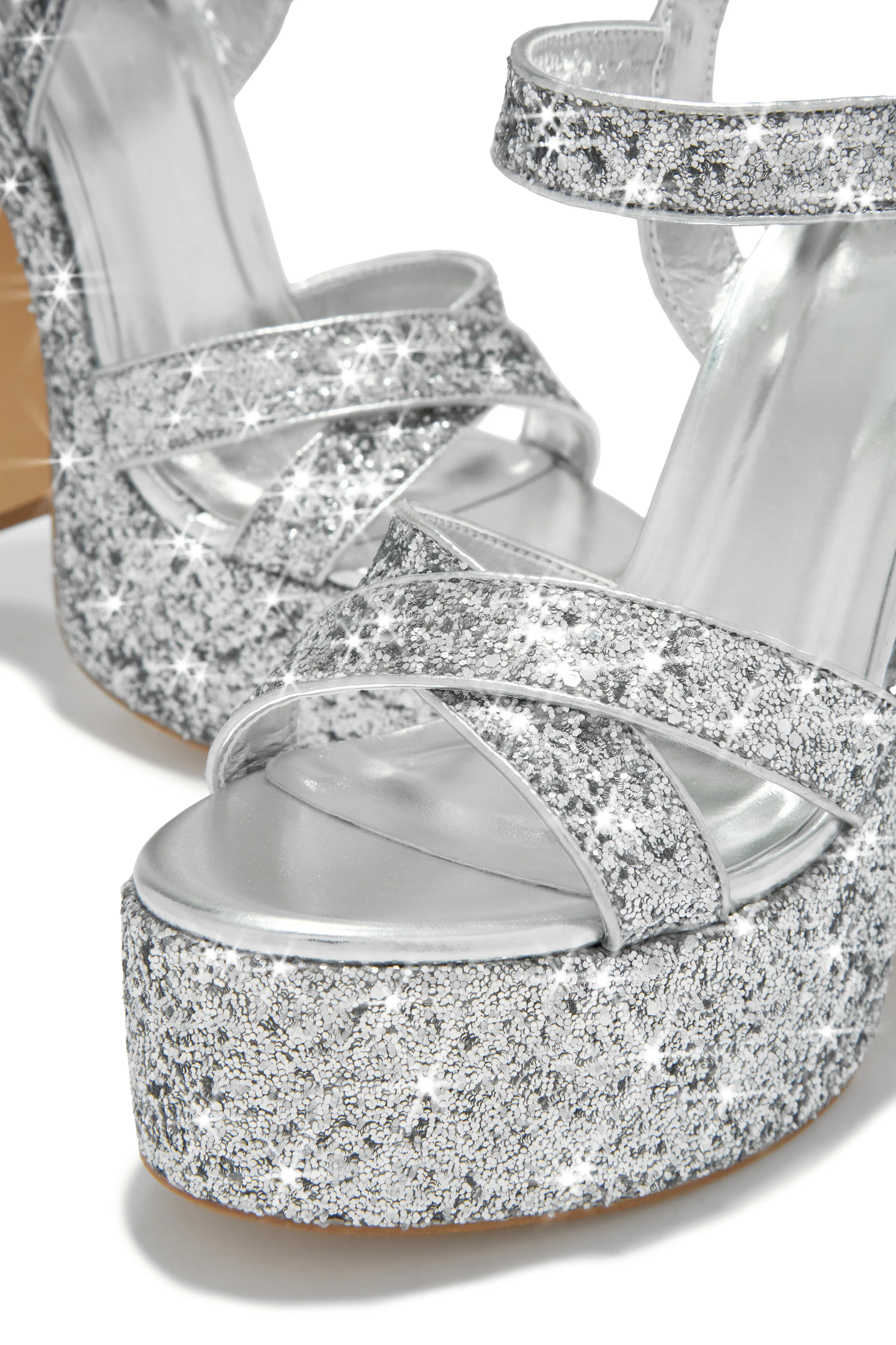 Karelle Glitter Platform Block Heels - Silver