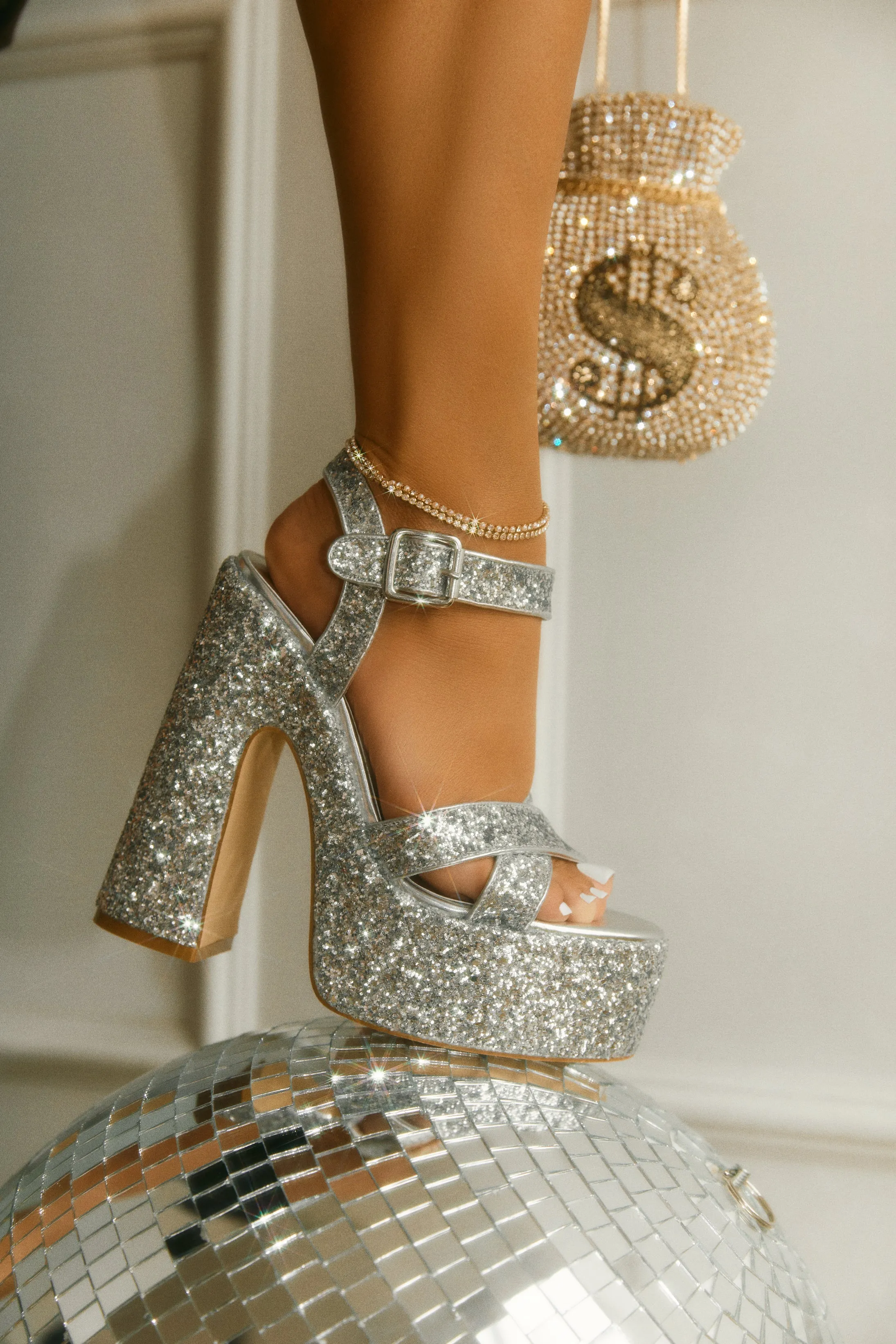 Karelle Glitter Platform Block Heels - Silver