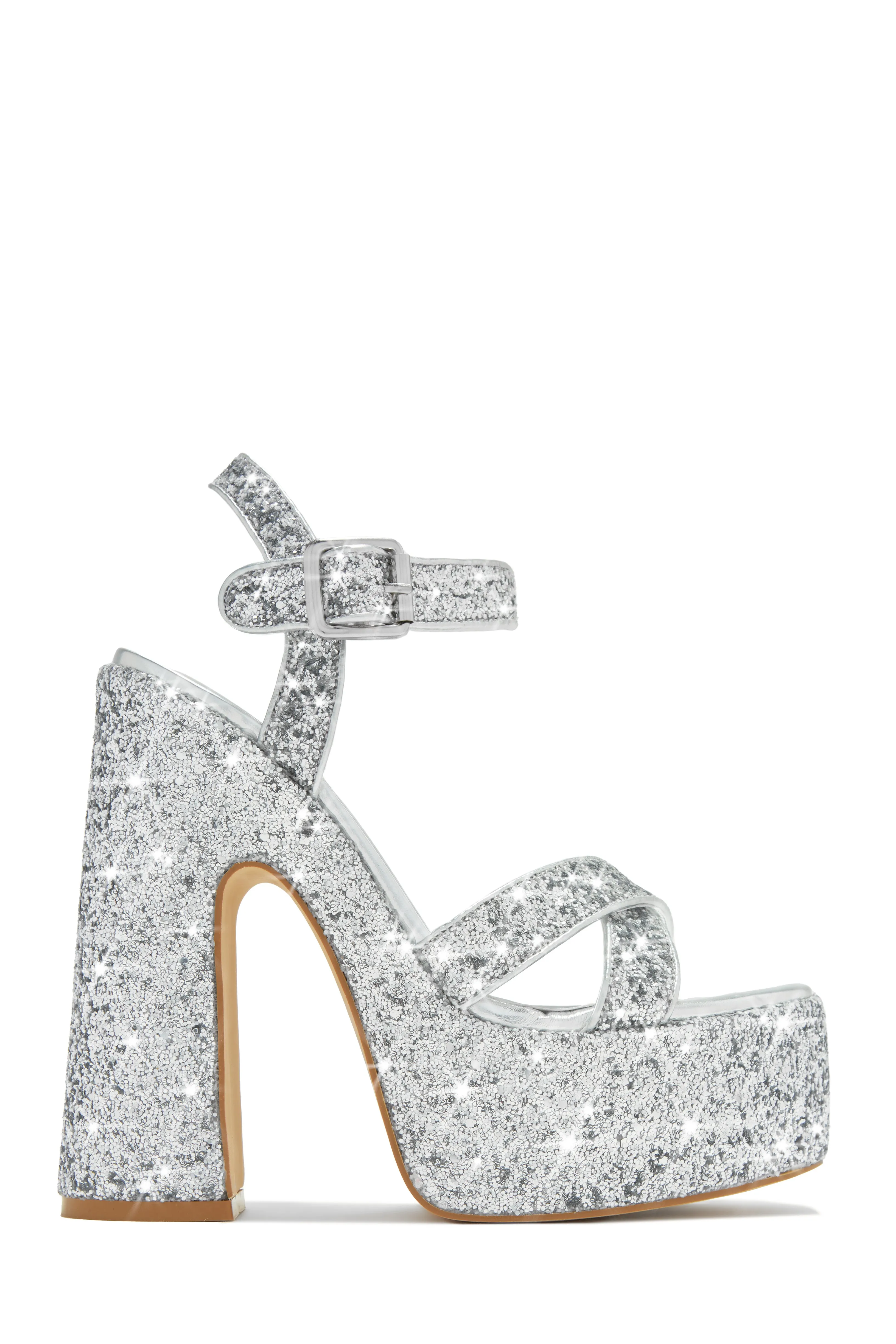 Karelle Glitter Platform Block Heels - Silver
