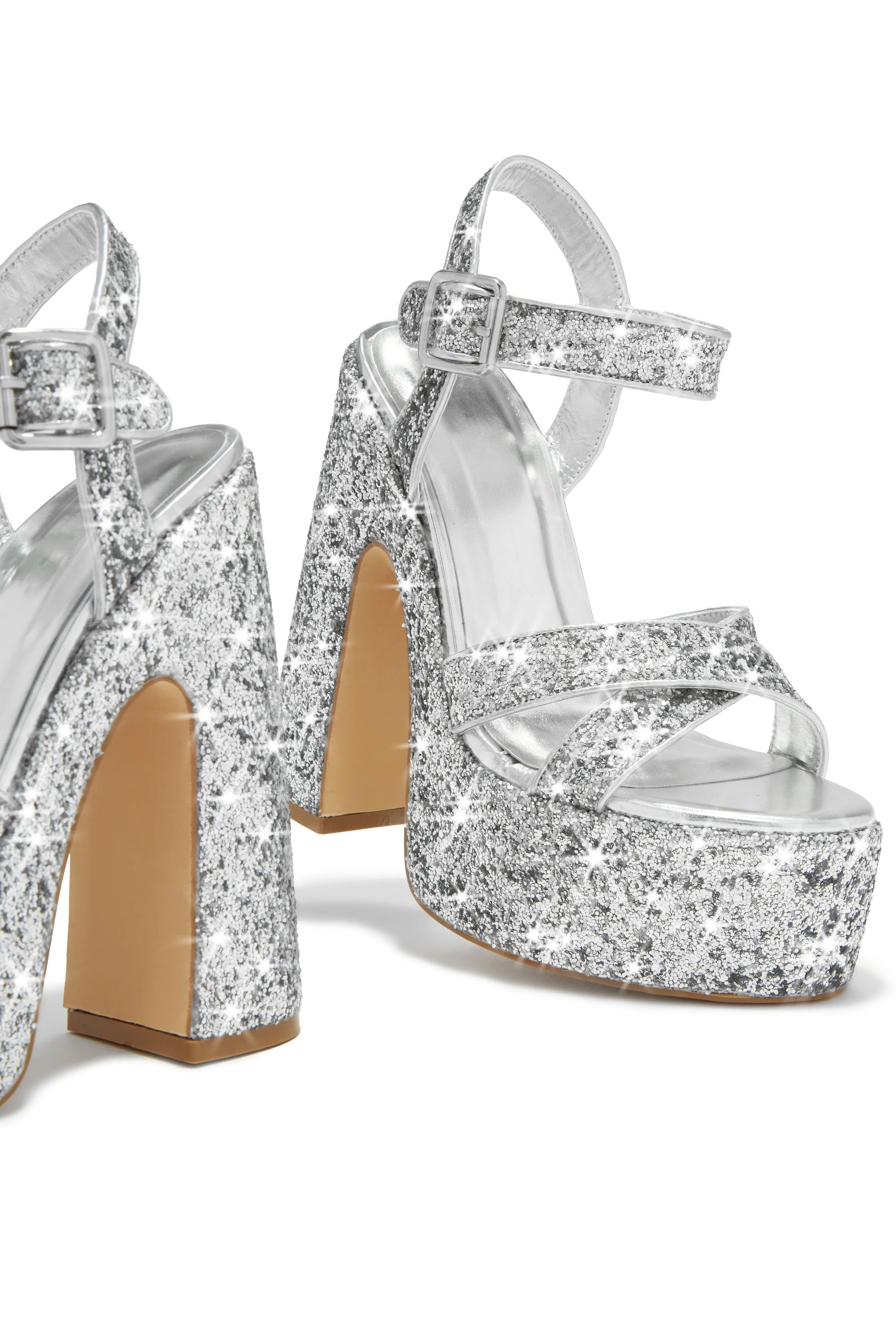 Karelle Glitter Platform Block Heels - Silver