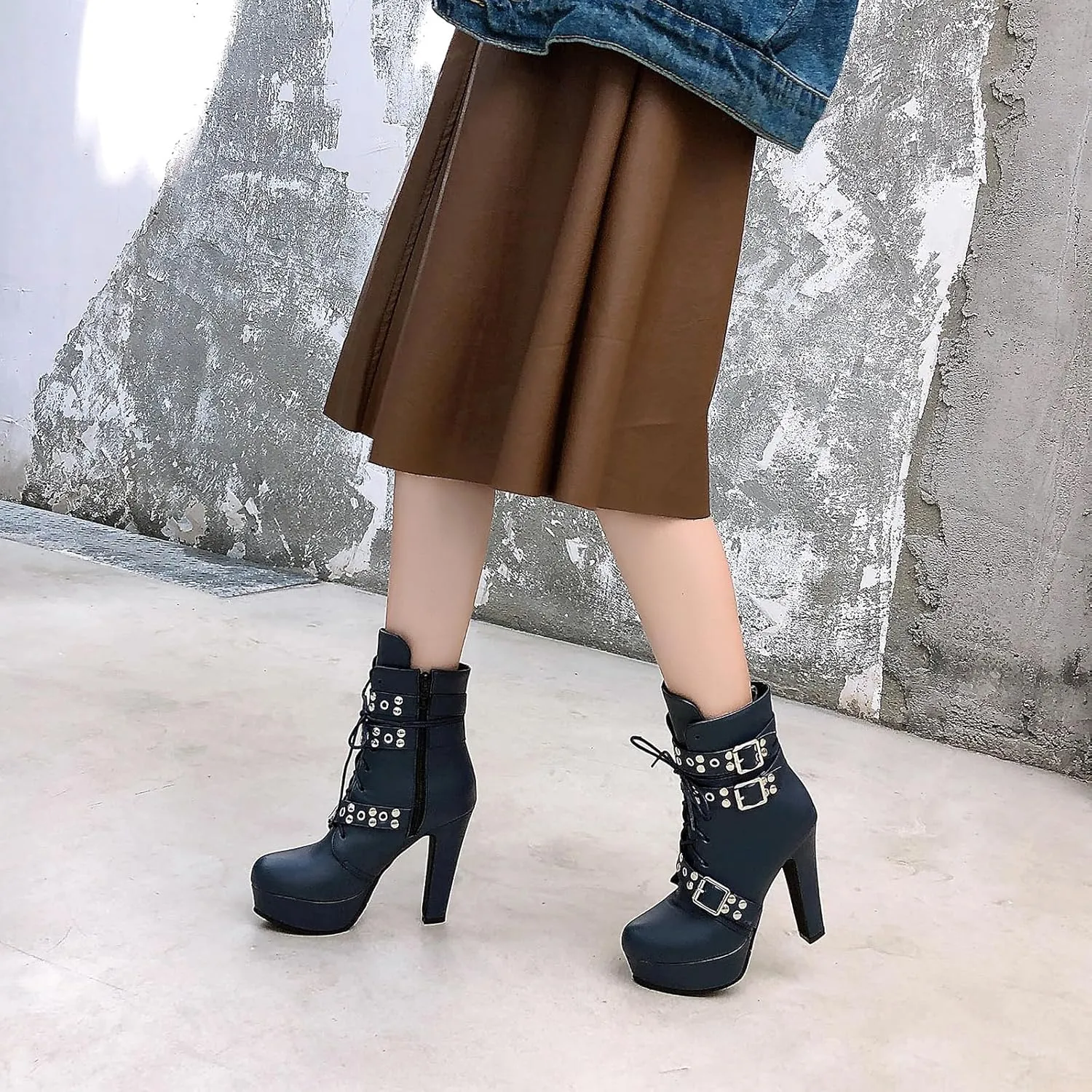 KiutSymo Gothic Ankle Boots For Women Studded Buckle Straps Chunky High Heels Platform Boots Lace Up Punk Combat Boots