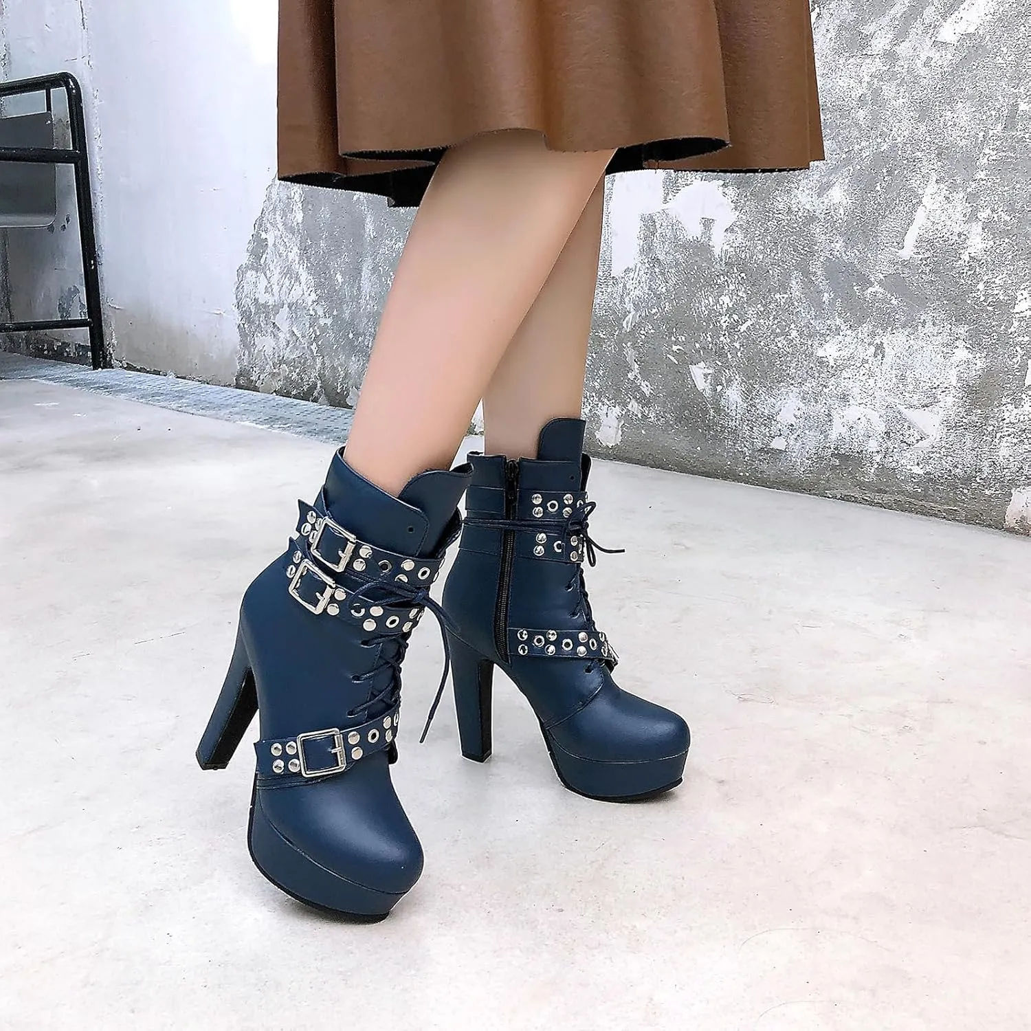 KiutSymo Gothic Ankle Boots For Women Studded Buckle Straps Chunky High Heels Platform Boots Lace Up Punk Combat Boots