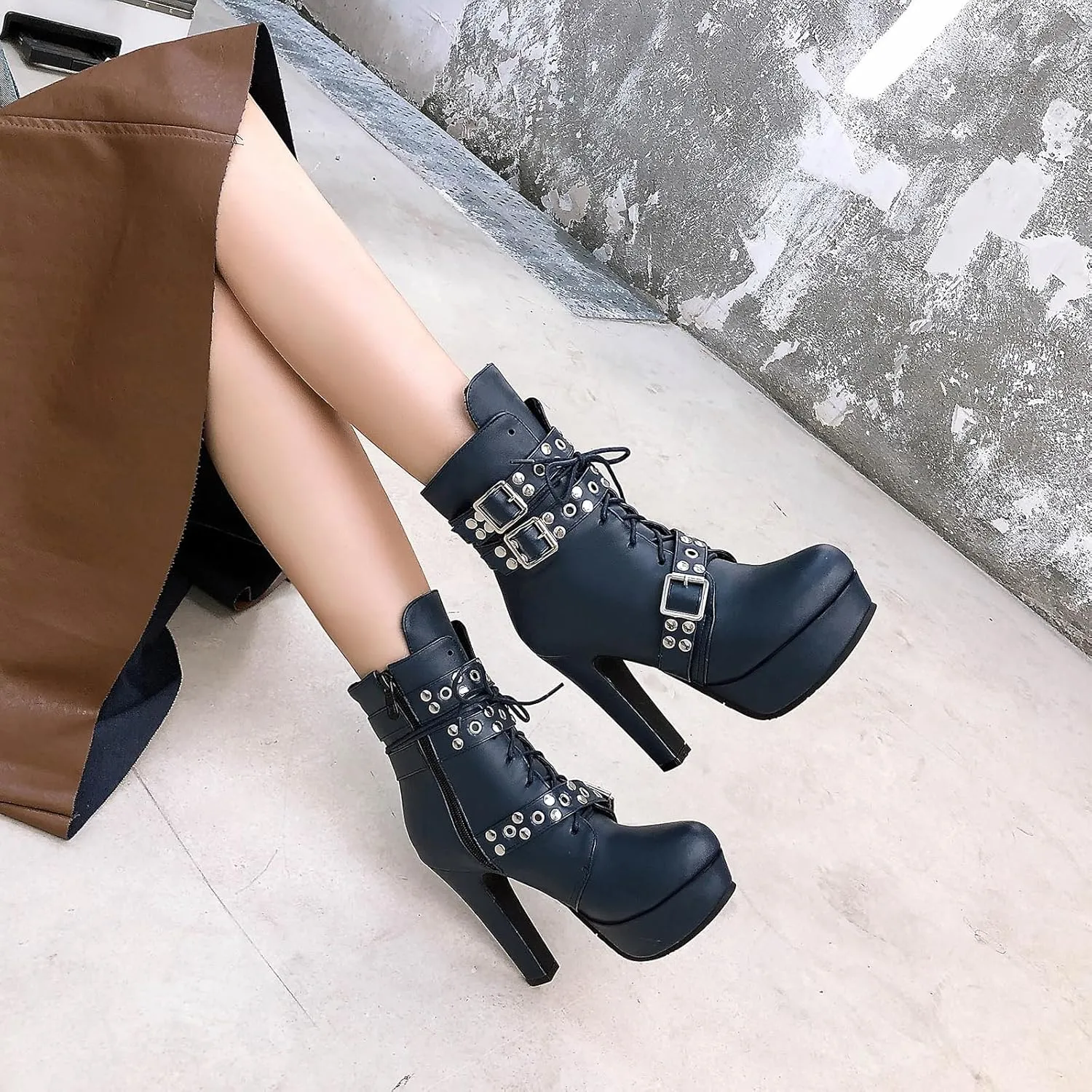 KiutSymo Gothic Ankle Boots For Women Studded Buckle Straps Chunky High Heels Platform Boots Lace Up Punk Combat Boots