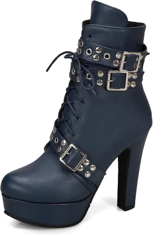 KiutSymo Gothic Ankle Boots For Women Studded Buckle Straps Chunky High Heels Platform Boots Lace Up Punk Combat Boots