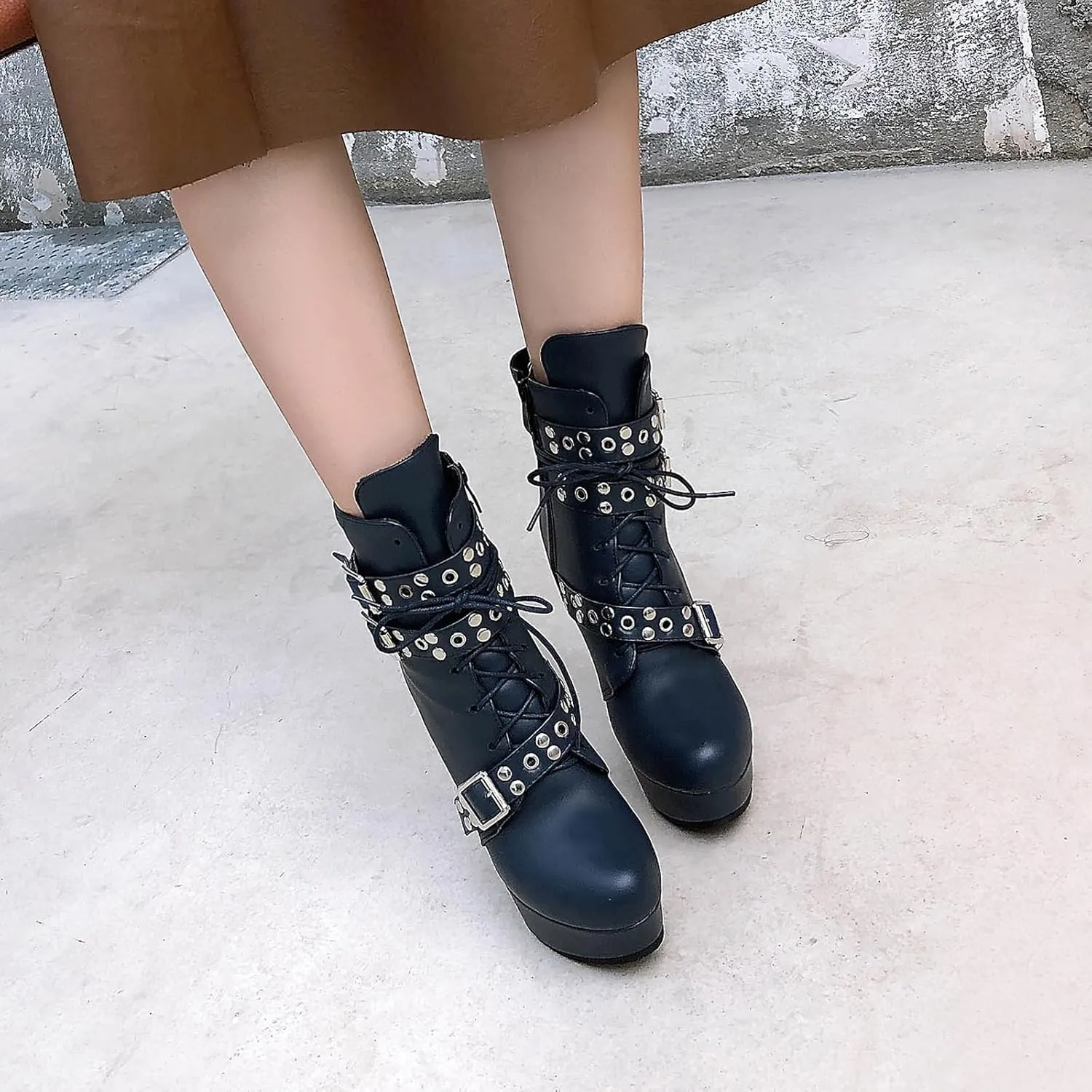 KiutSymo Gothic Ankle Boots For Women Studded Buckle Straps Chunky High Heels Platform Boots Lace Up Punk Combat Boots