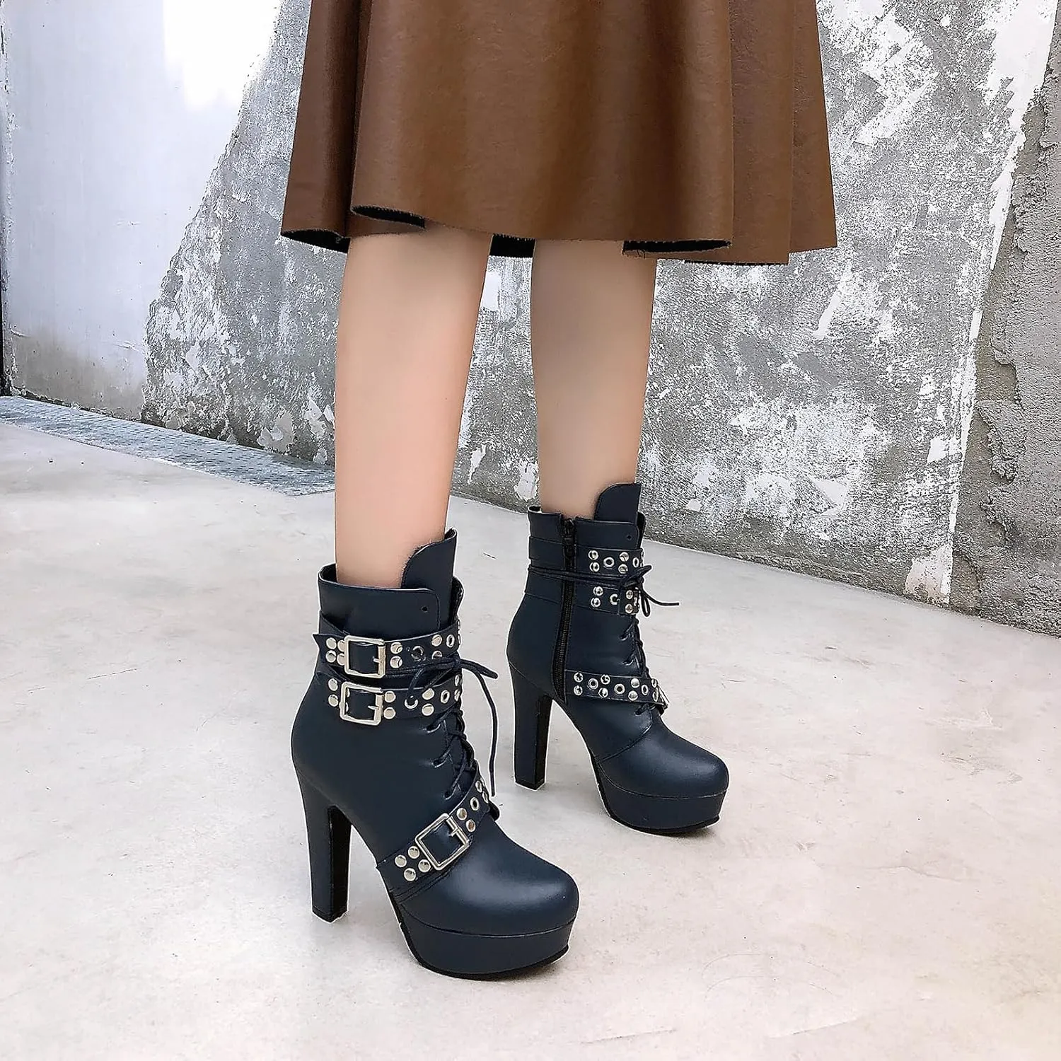 KiutSymo Gothic Ankle Boots For Women Studded Buckle Straps Chunky High Heels Platform Boots Lace Up Punk Combat Boots
