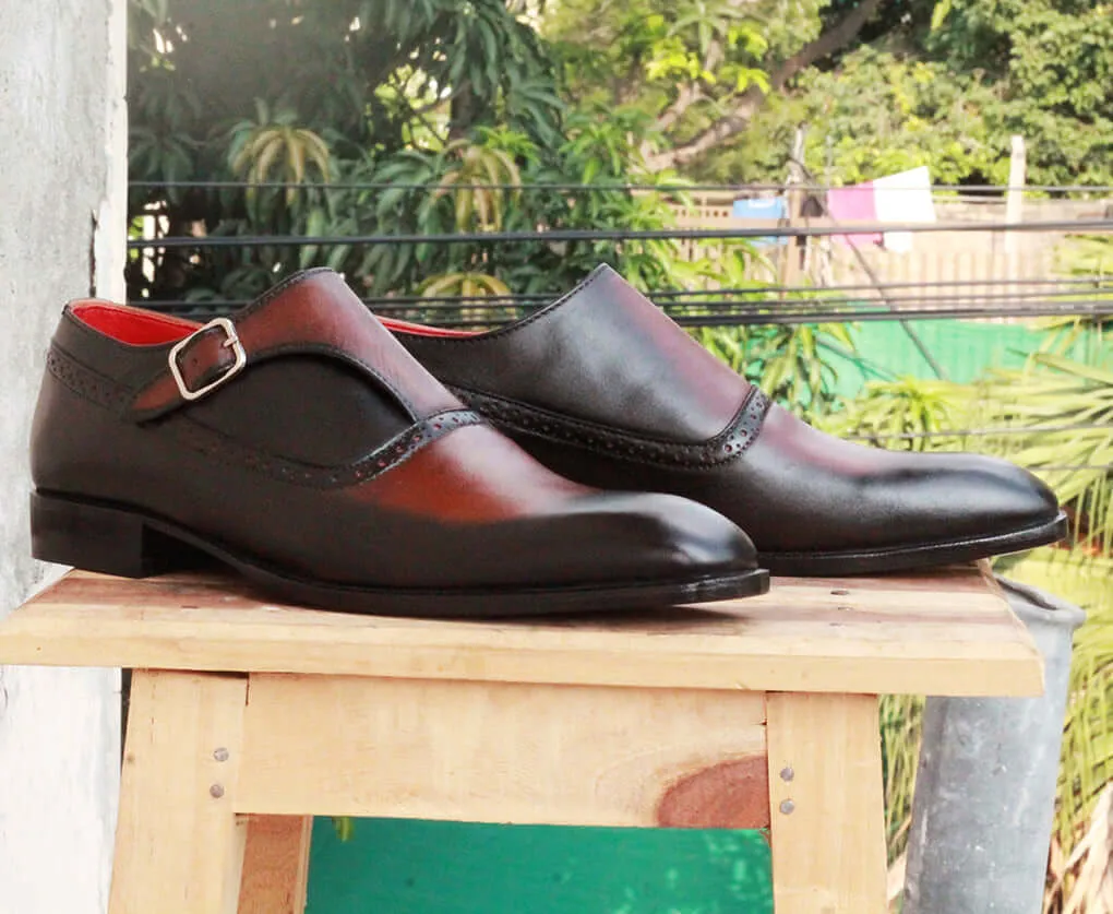 Men's Black Cognac Genuine Leather Handmade Monk Strap Casual Shoess