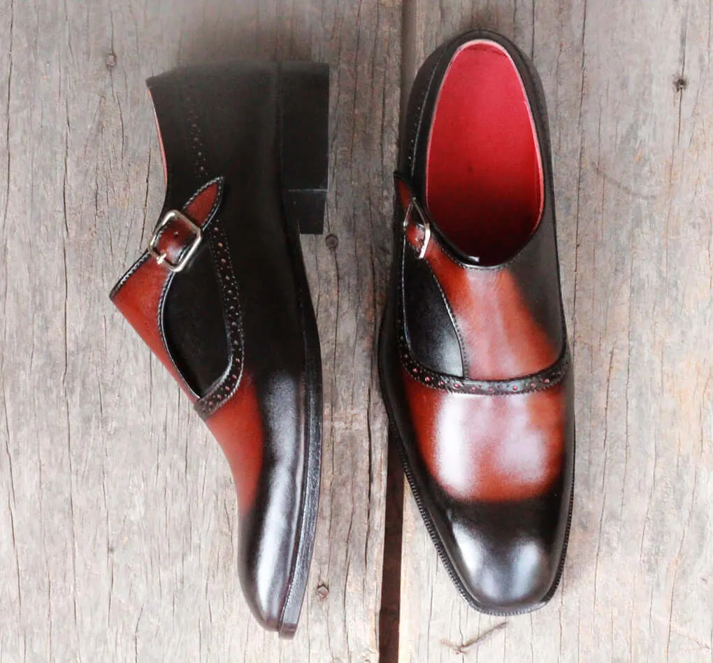 Men's Black Cognac Genuine Leather Handmade Monk Strap Casual Shoess