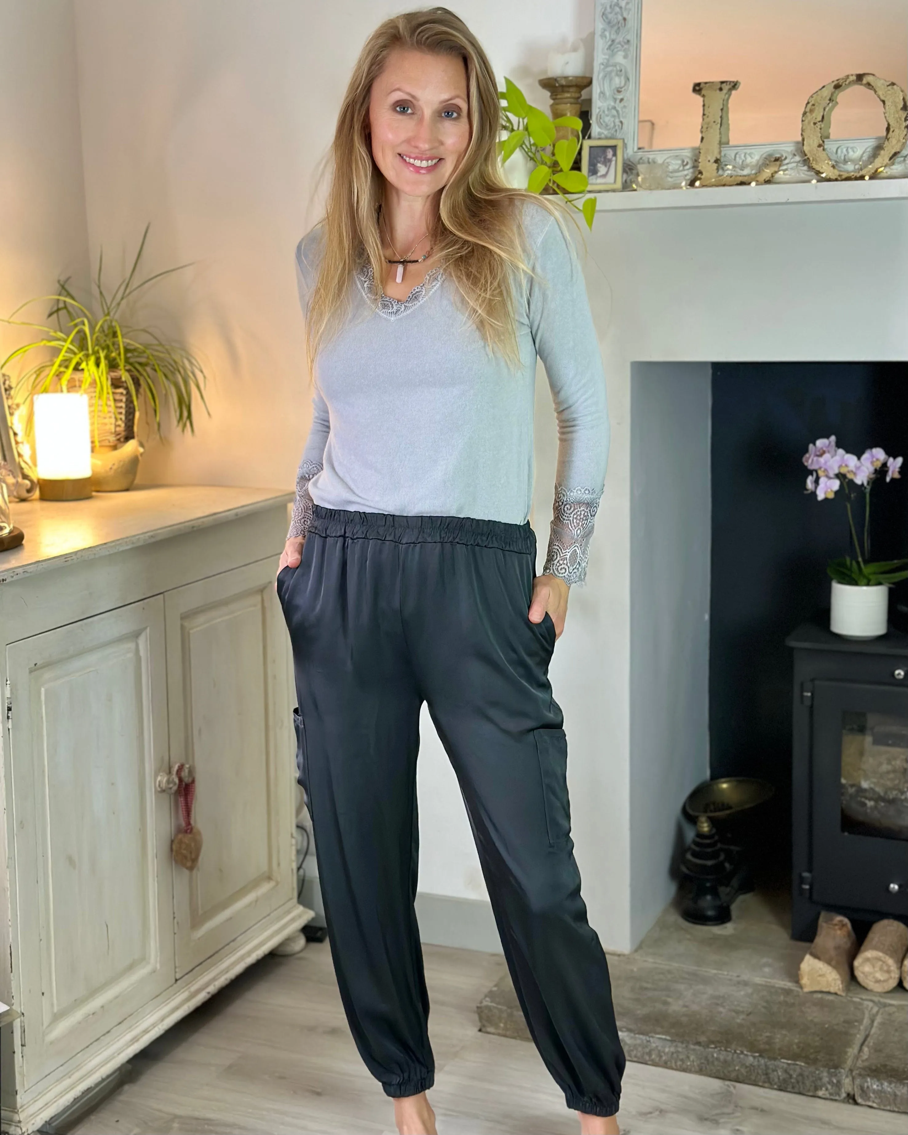 Satin Cargo Style Trousers - Charcoal