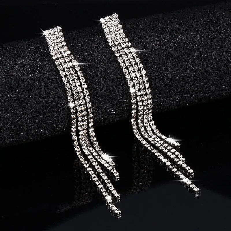 Trendsetter Luxury Rhinestone Studded Long Tassel Drop Earrings