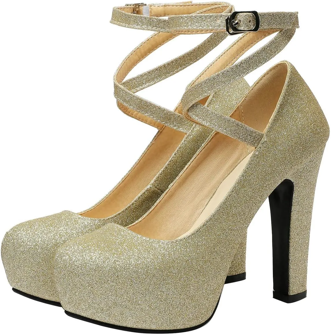 UniqueStride Womens Hidden Platform Block High Heel Sequin Glitter Pumps Chunky Heels Cross Strap Round Toe Wedding Bridal Party Shoes