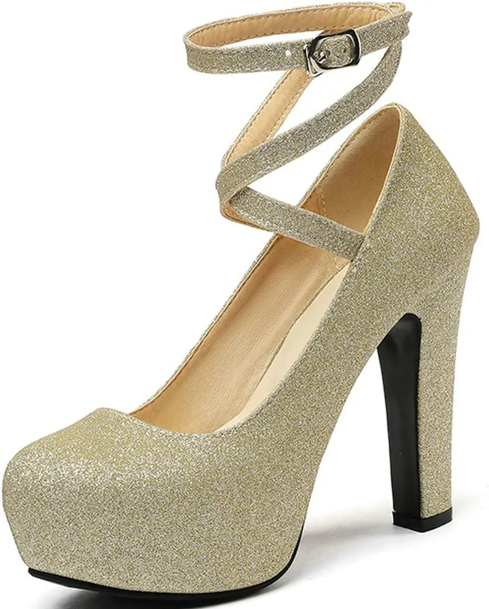 UniqueStride Womens Hidden Platform Block High Heel Sequin Glitter Pumps Chunky Heels Cross Strap Round Toe Wedding Bridal Party Shoes