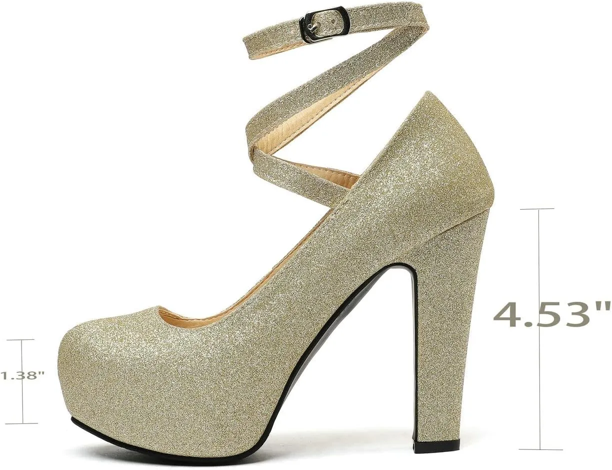 UniqueStride Womens Hidden Platform Block High Heel Sequin Glitter Pumps Chunky Heels Cross Strap Round Toe Wedding Bridal Party Shoes