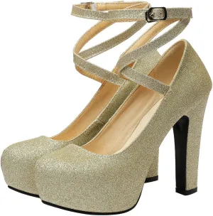 UniqueStride Womens Hidden Platform Block High Heel Sequin Glitter Pumps Chunky Heels Cross Strap Round Toe Wedding Bridal Party Shoes