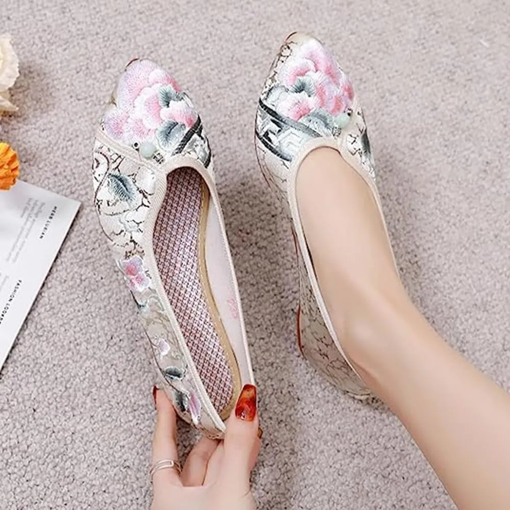 Women's Retro Classic Ballet Flats Shoes Pointed Toe Slip On Comfortable Loafer Handmade Floral Embroidered Shoes for Women Mary Jane Flats Cheongsam Shoes